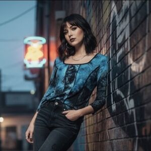 Vintage Dress Barn Blue Abstract Graphic Top Corset Style Y2K Grunge